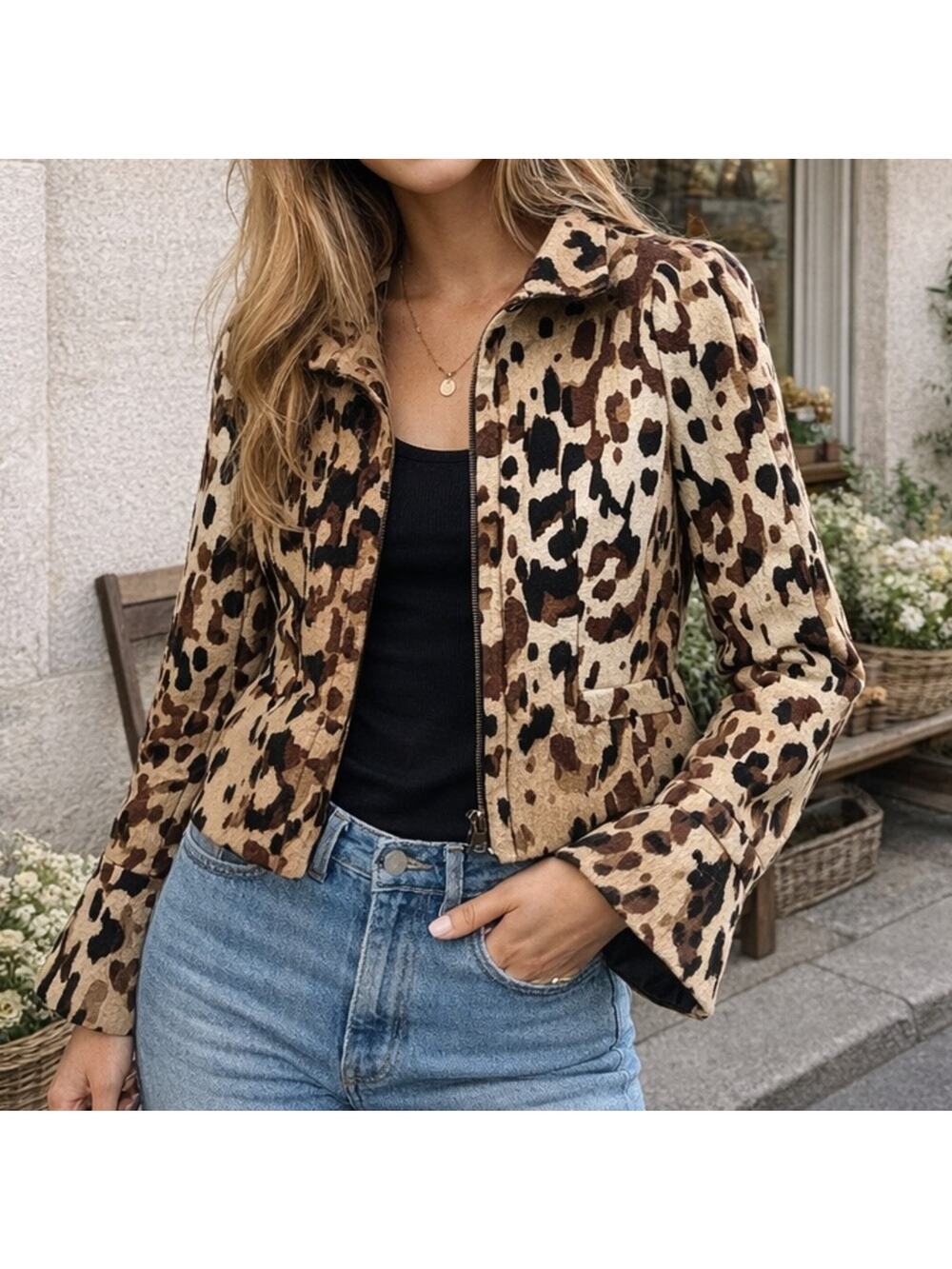 Escada Women’s Vintage Brown Wool Leopard Print Bell Sleeve Fitted Blazer Jacket